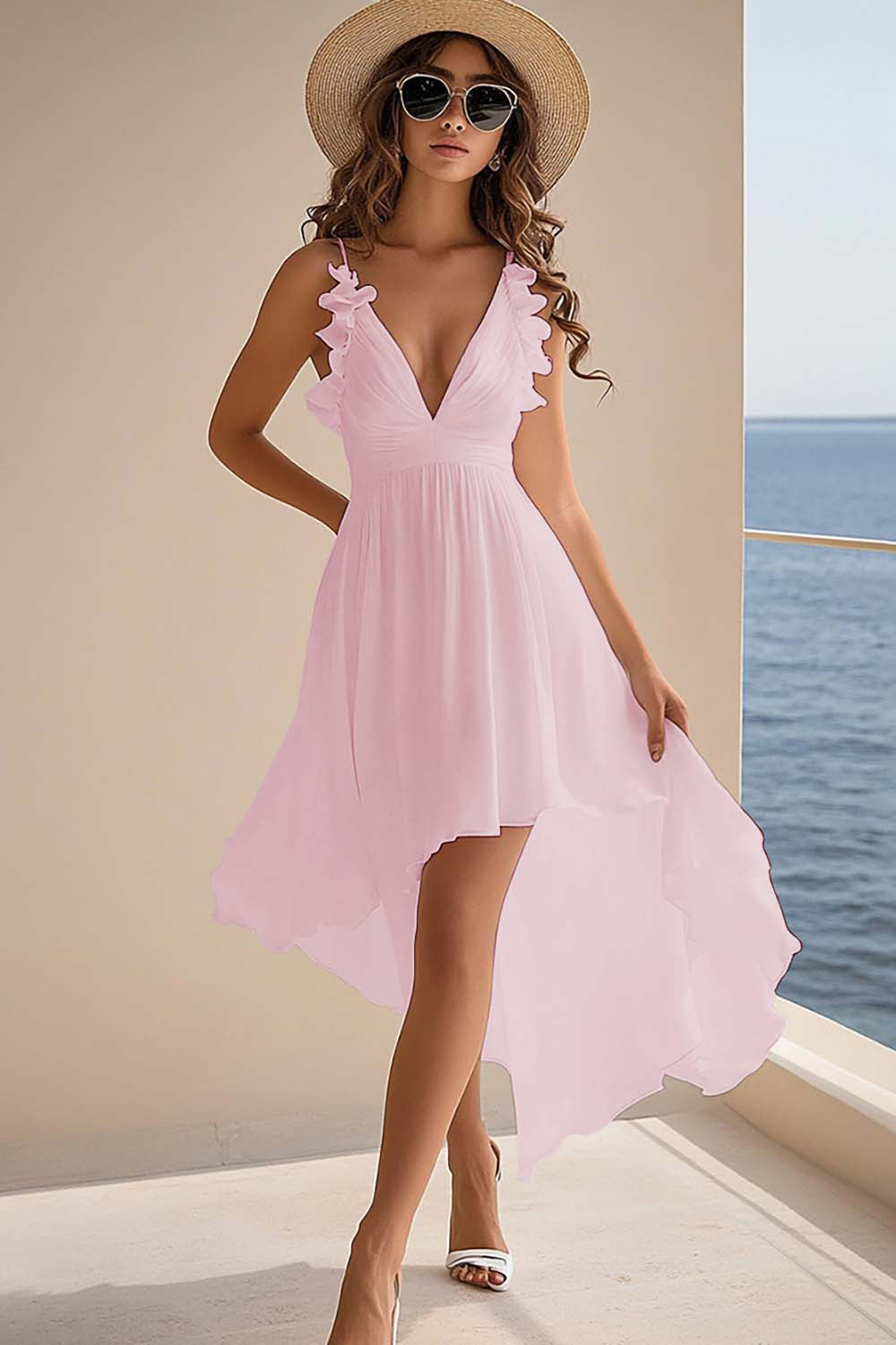 Ruffled White V Neck Asymmetrical Holiday Party Dress - Image 8