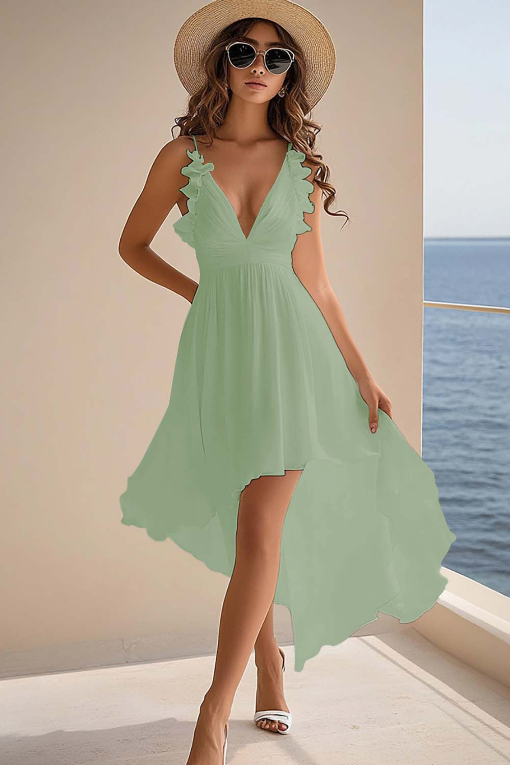 Ruffled White V Neck Asymmetrical Holiday Party Dress - Image 9