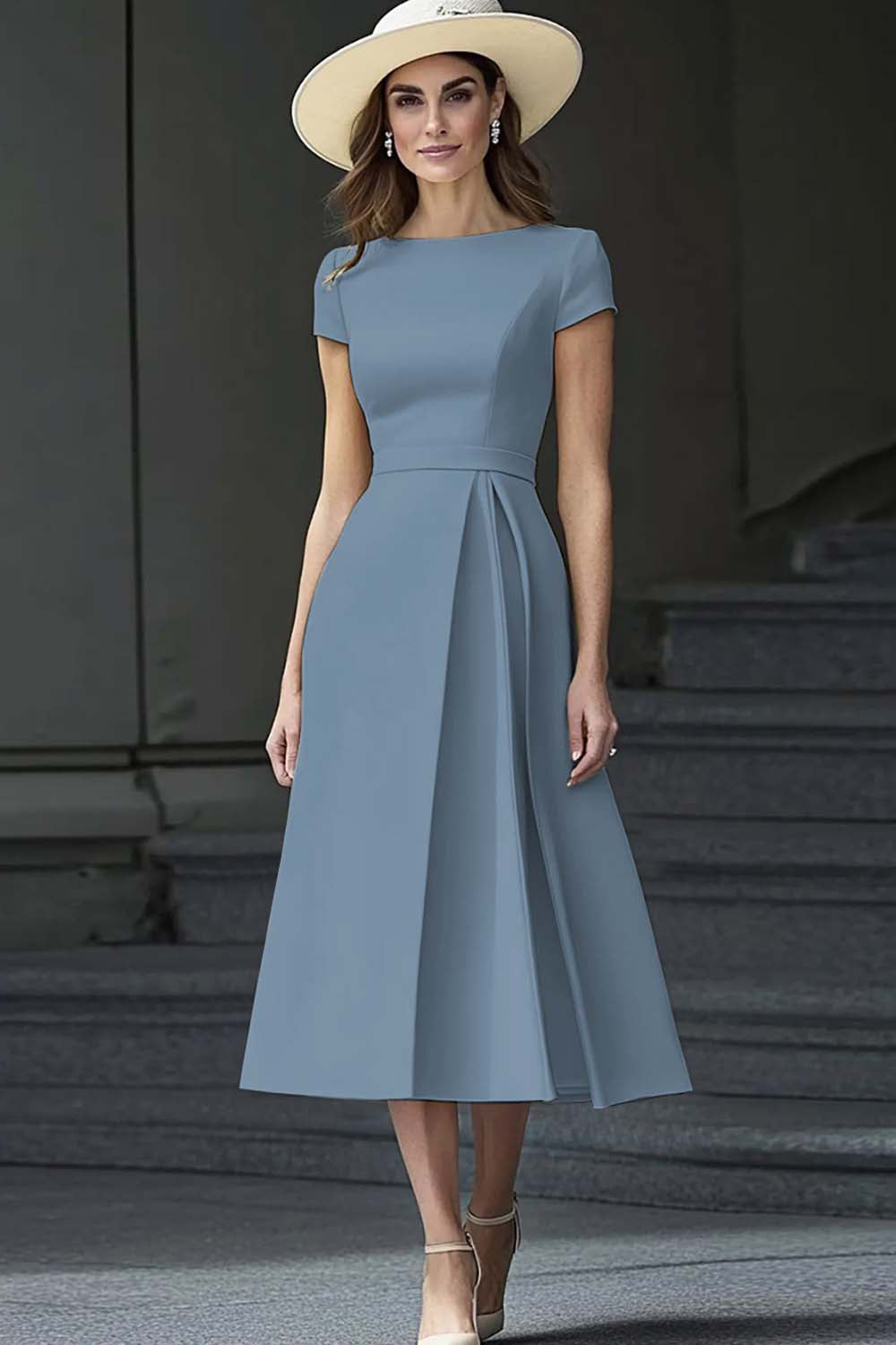 Yellow A Line Round Neck Midi Mother of the Bride Dress - Image 9