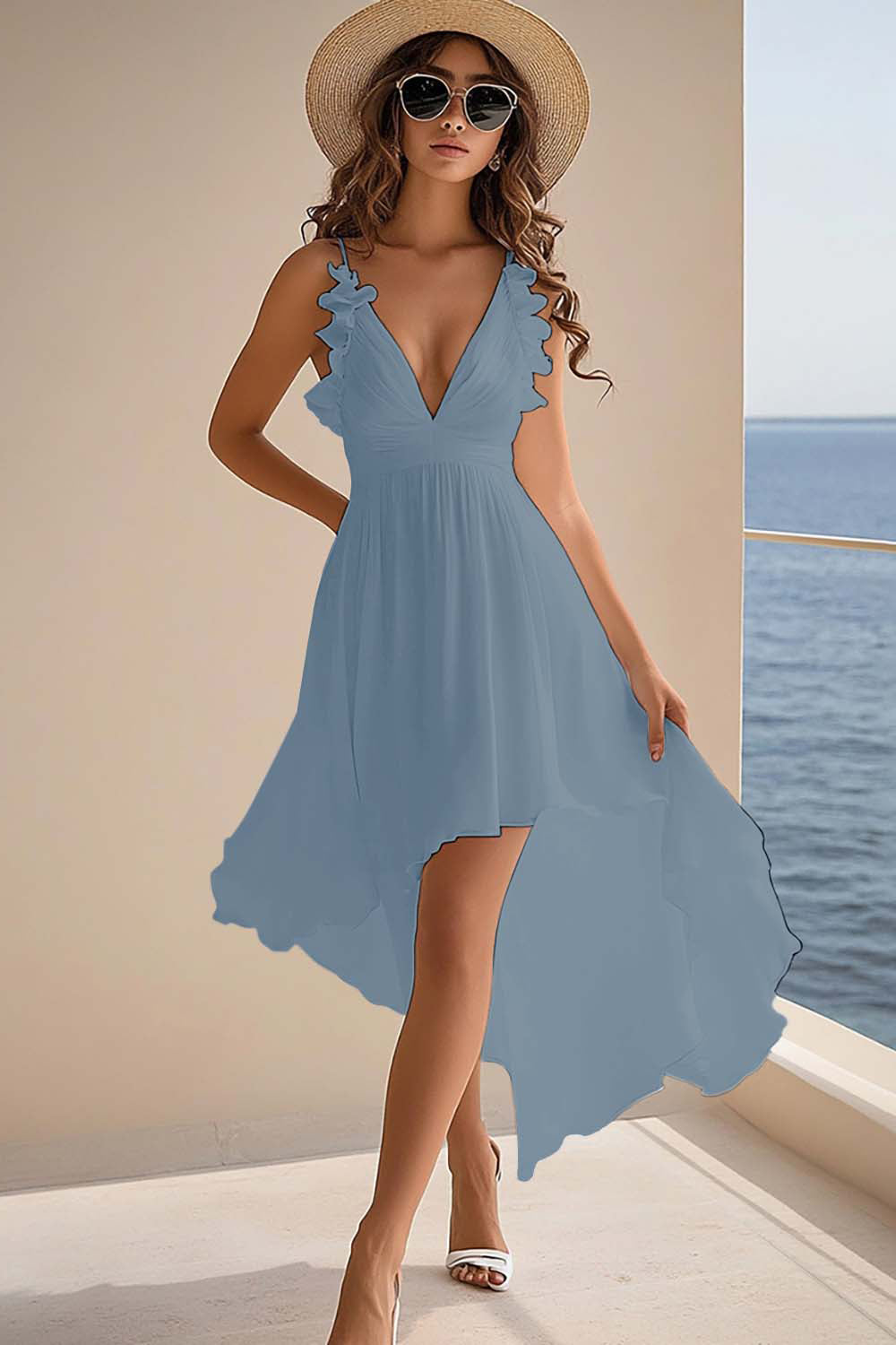 Ruffled White V Neck Asymmetrical Holiday Party Dress - Image 7