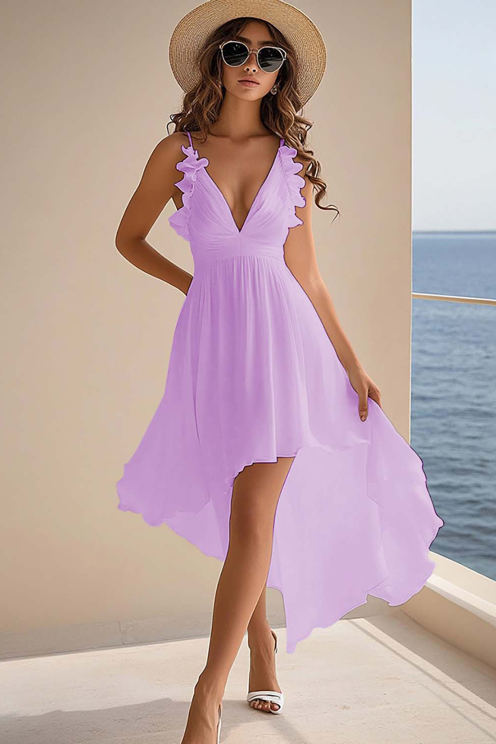 Ruffled White V Neck Asymmetrical Holiday Party Dress - Image 10