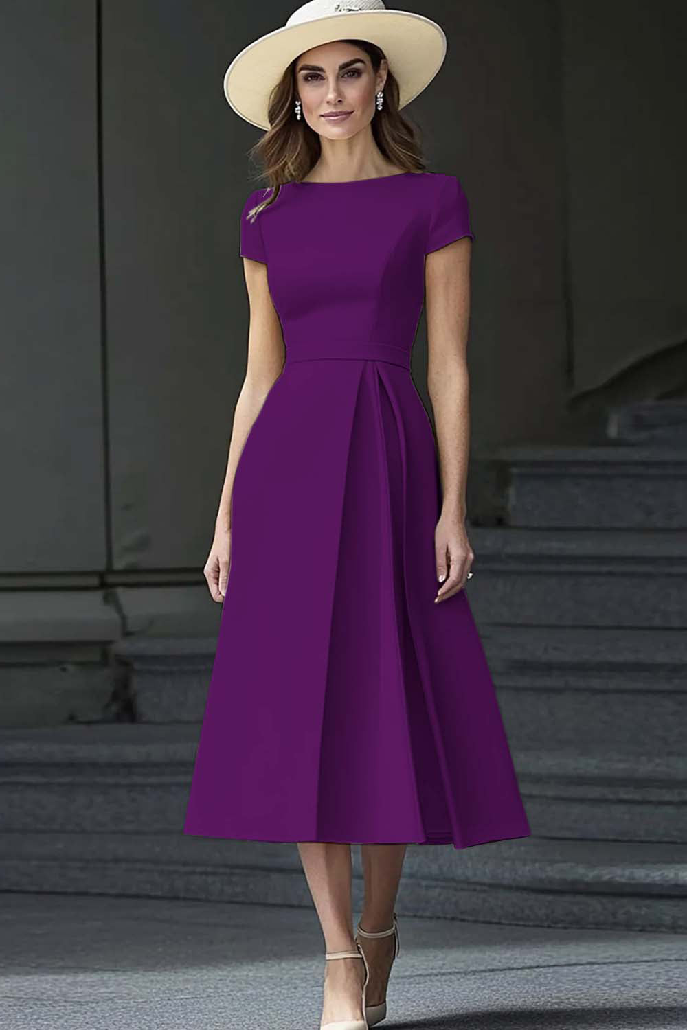 Yellow A Line Round Neck Midi Mother of the Bride Dress - Image 11