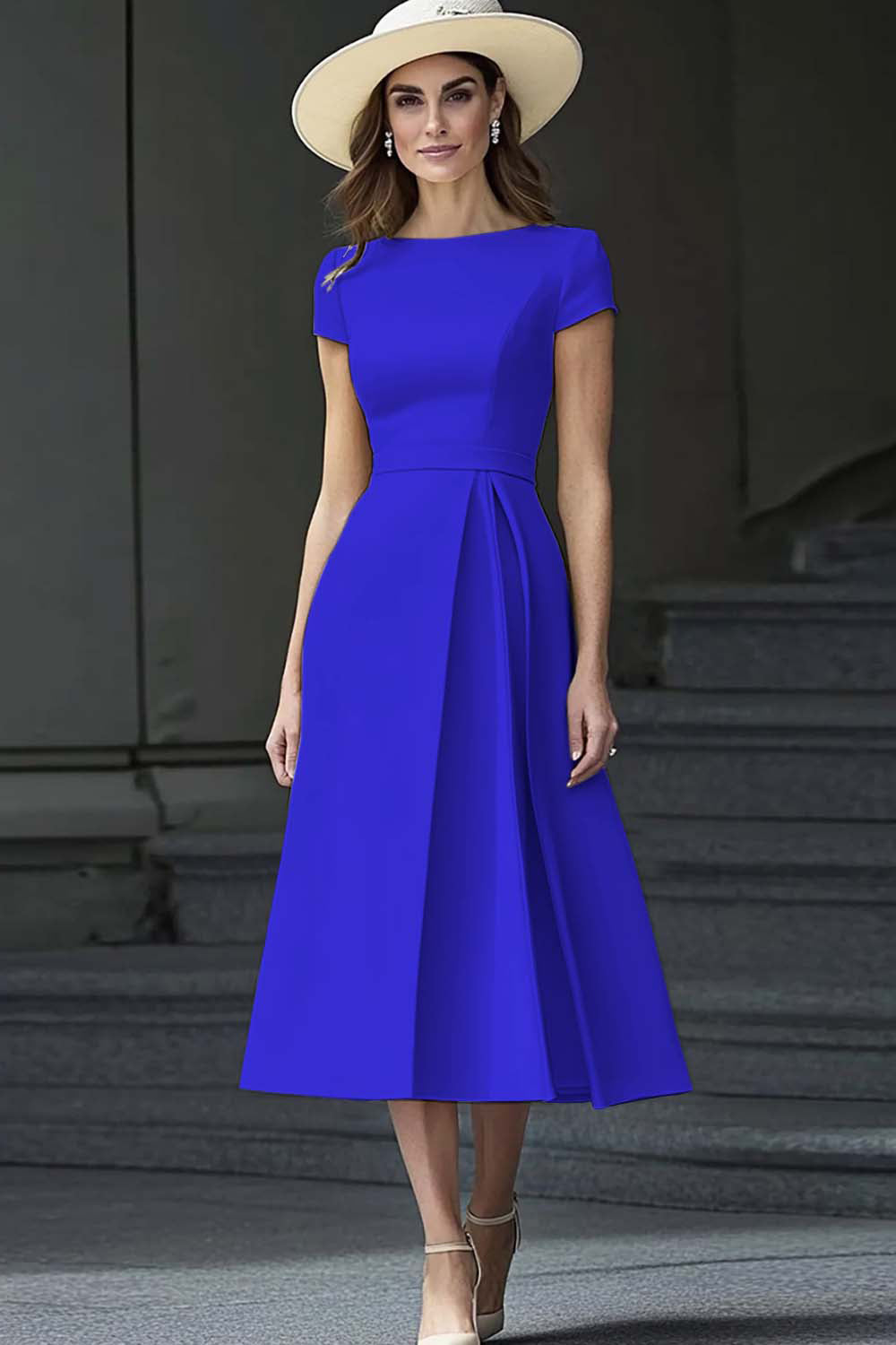 Yellow A Line Round Neck Midi Mother of the Bride Dress - Image 13