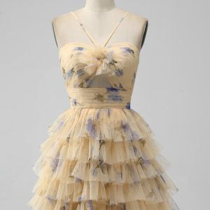 Yellow A Line Halter Tiered Tulle Mini Dress
