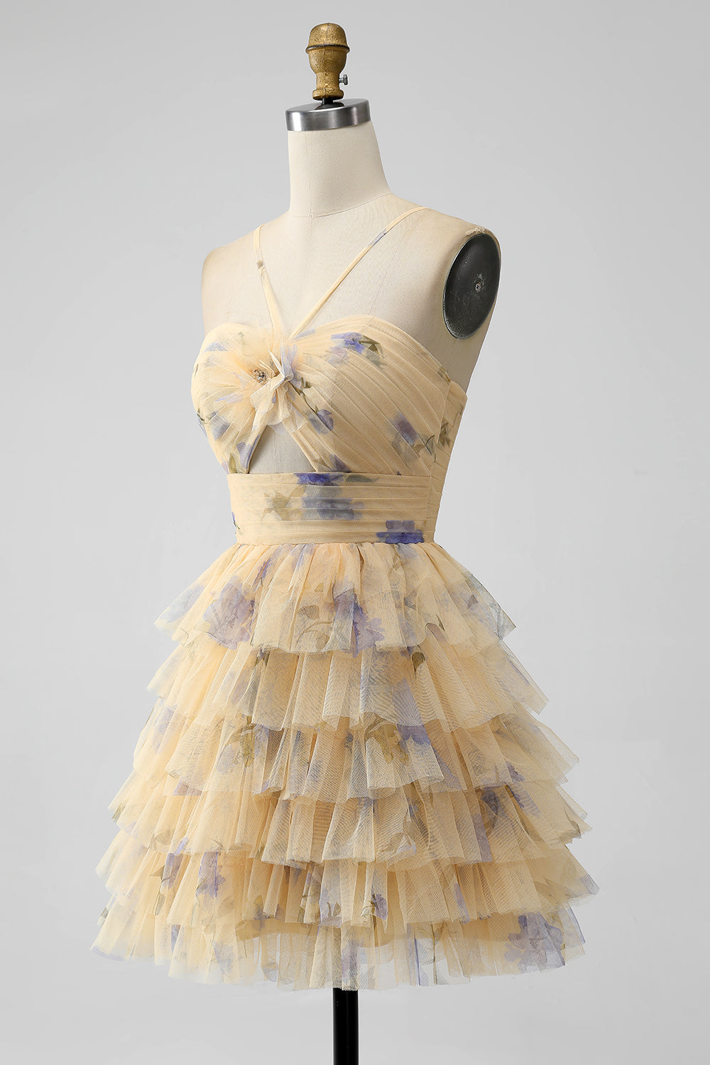 Yellow A Line Halter Tiered Tulle Mini Dress - Image 3