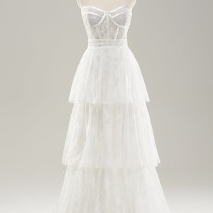 White Strapless Corset Tiered Long Wedding Dress