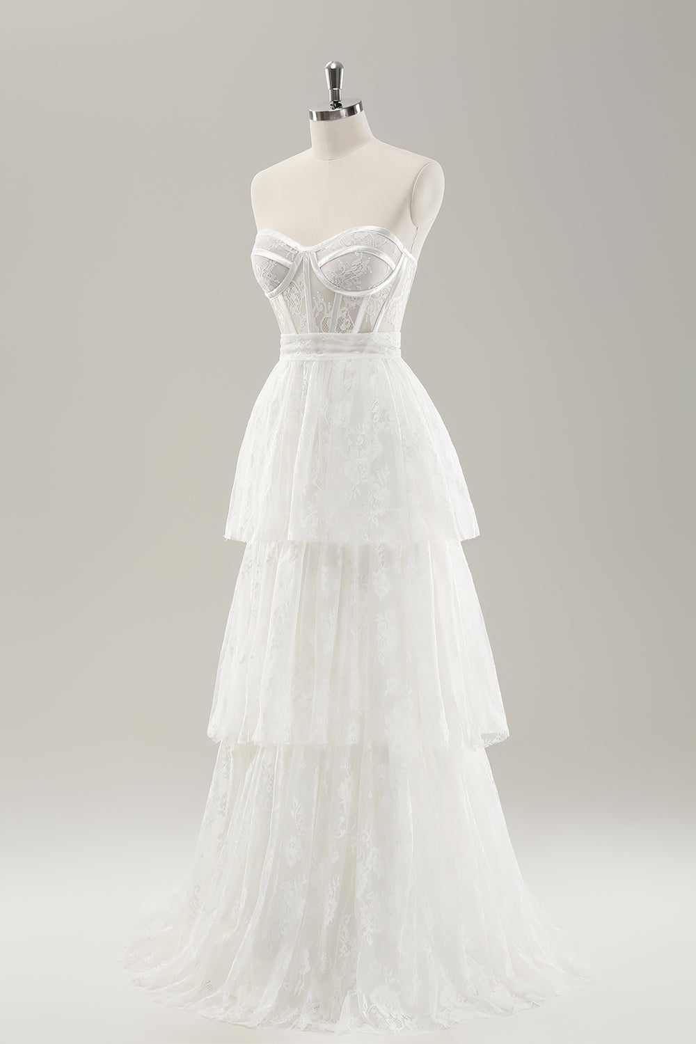 White Strapless Corset Tiered Long Wedding Dress - Image 3