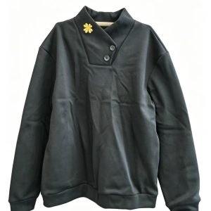 Unisex Asymmetric Collar Sweatshirt Yellow Flower Embroidery Button Pullover Top