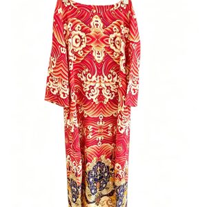 Women Vintage Oriental Floral Print Maxi Dress 3/4 Sleeve Loose Long Kaftan Dress