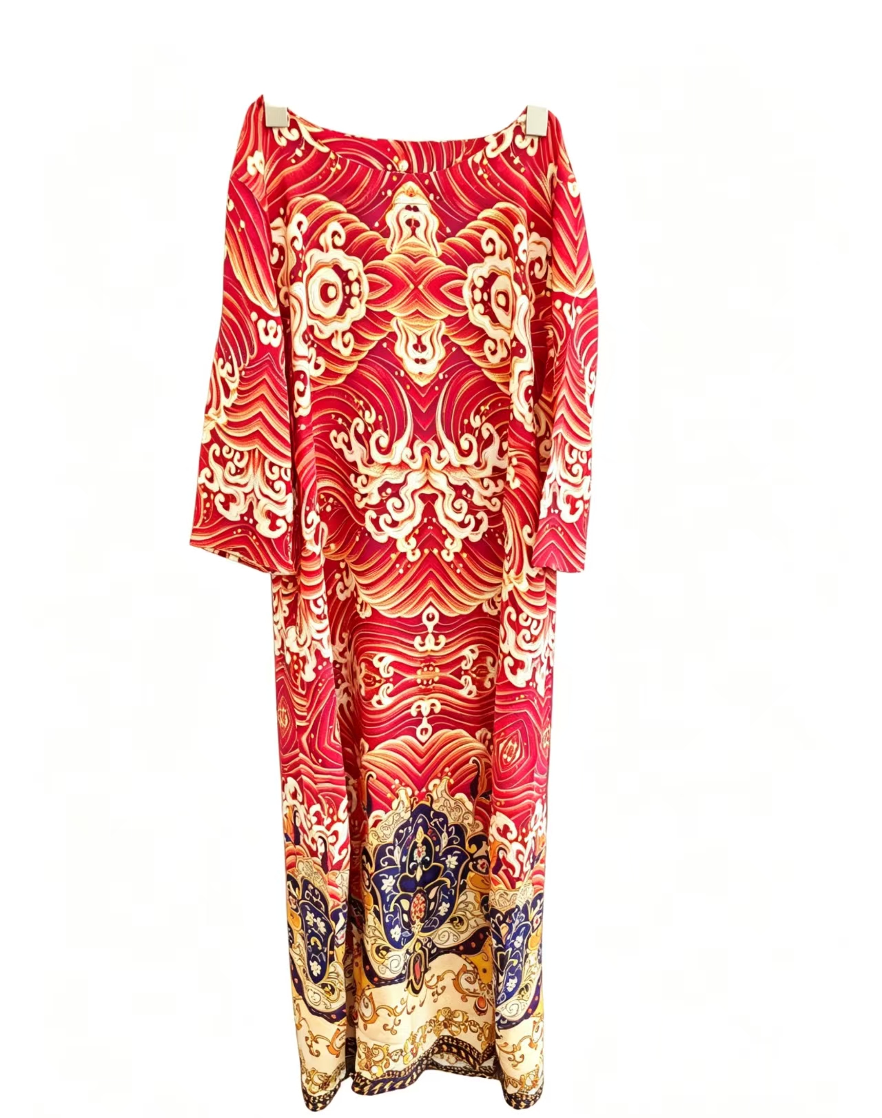 Women Vintage Oriental Floral Print Maxi Dress 3/4 Sleeve Loose Long Kaftan Dress